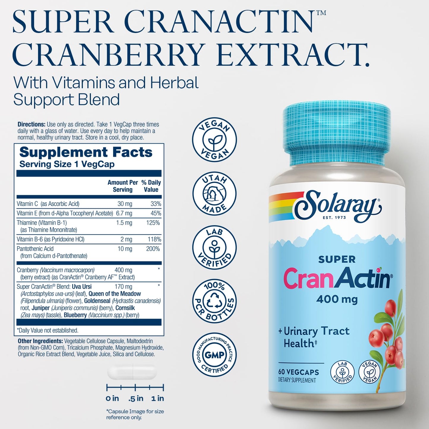 SOLARAY Super CranActin Cranberry Extract 400mg | Urinary Tract Support | 60 VegCaps