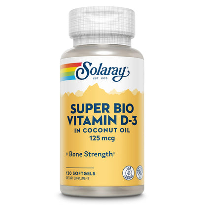SOLARAY Super Bio Vitamin D3 in Coconut Oil 5000 IU - 120 Softgels, 120 Servings | Bone Health, Immune Support, Soy-Free