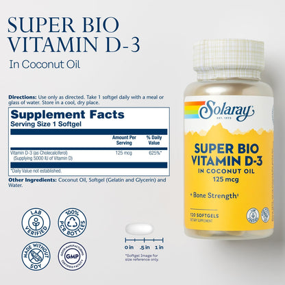 SOLARAY Super Bio Vitamin D3 in Coconut Oil 5000 IU - 120 Softgels, 120 Servings | Bone Health, Immune Support, Soy-Free