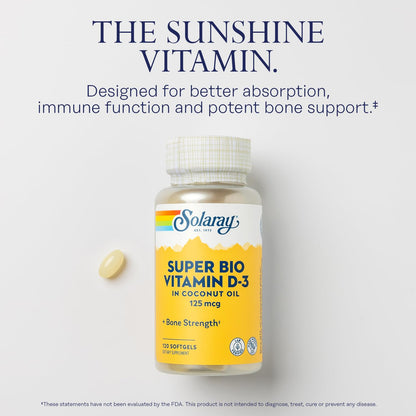 SOLARAY Super Bio Vitamin D3 in Coconut Oil 5000 IU - 120 Softgels, 120 Servings | Bone Health, Immune Support, Soy-Free