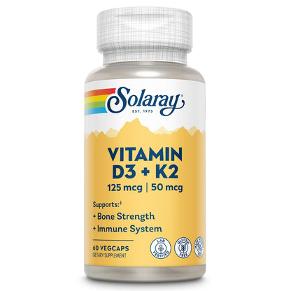 SOLARAY Vitamin D3 K2 - Bone Health & Immune Support | 5000 IU D3, 50 mcg MK-7, Soy-Free, 60 VegCaps, 60-Day Guarantee