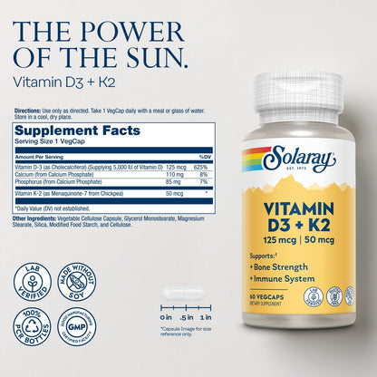 SOLARAY Vitamin D3 K2 - Bone Health & Immune Support | 5000 IU D3, 50 mcg MK-7, Soy-Free, 60 VegCaps, 60-Day Guarantee