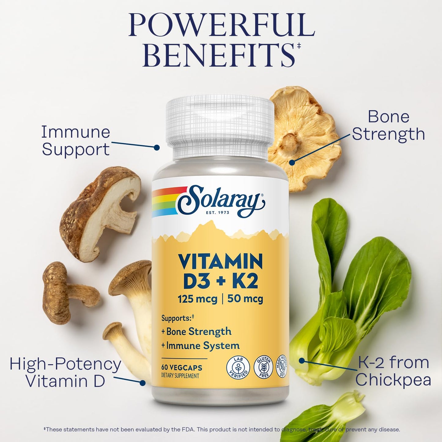 SOLARAY Vitamin D3 K2 - Bone Health & Immune Support | 5000 IU D3, 50 mcg MK-7, Soy-Free, 60 VegCaps, 60-Day Guarantee