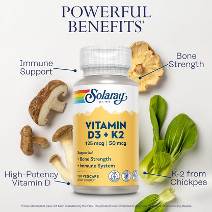 SOLARAY Vitamin D3 K2 – 5000 IU D3, 50 mcg MK7 | Bone Health & Immune Support
