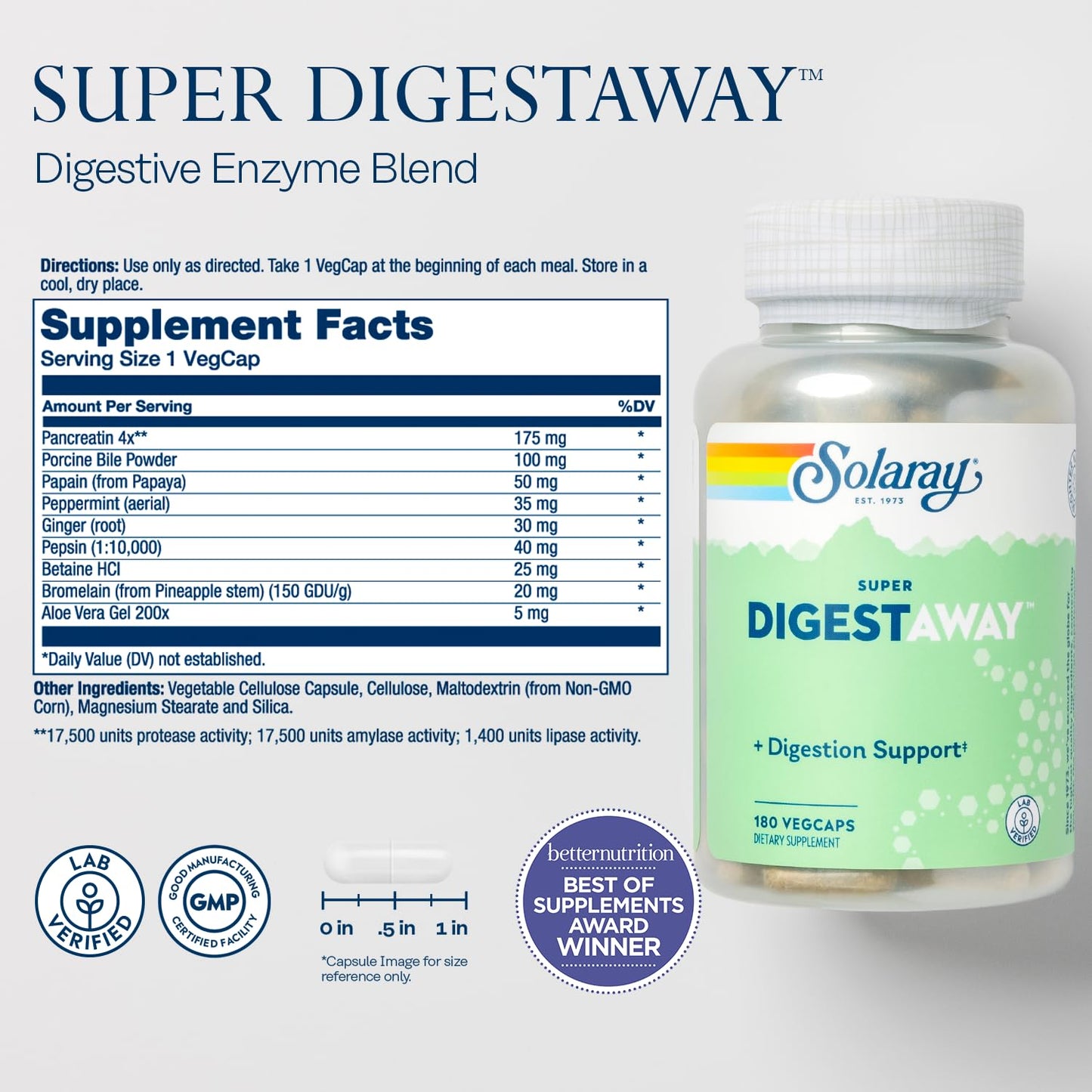 SOLARAY Digestive Enzymes – Pancreatin, Papain & More | 180 VegCaps | Lab Verified