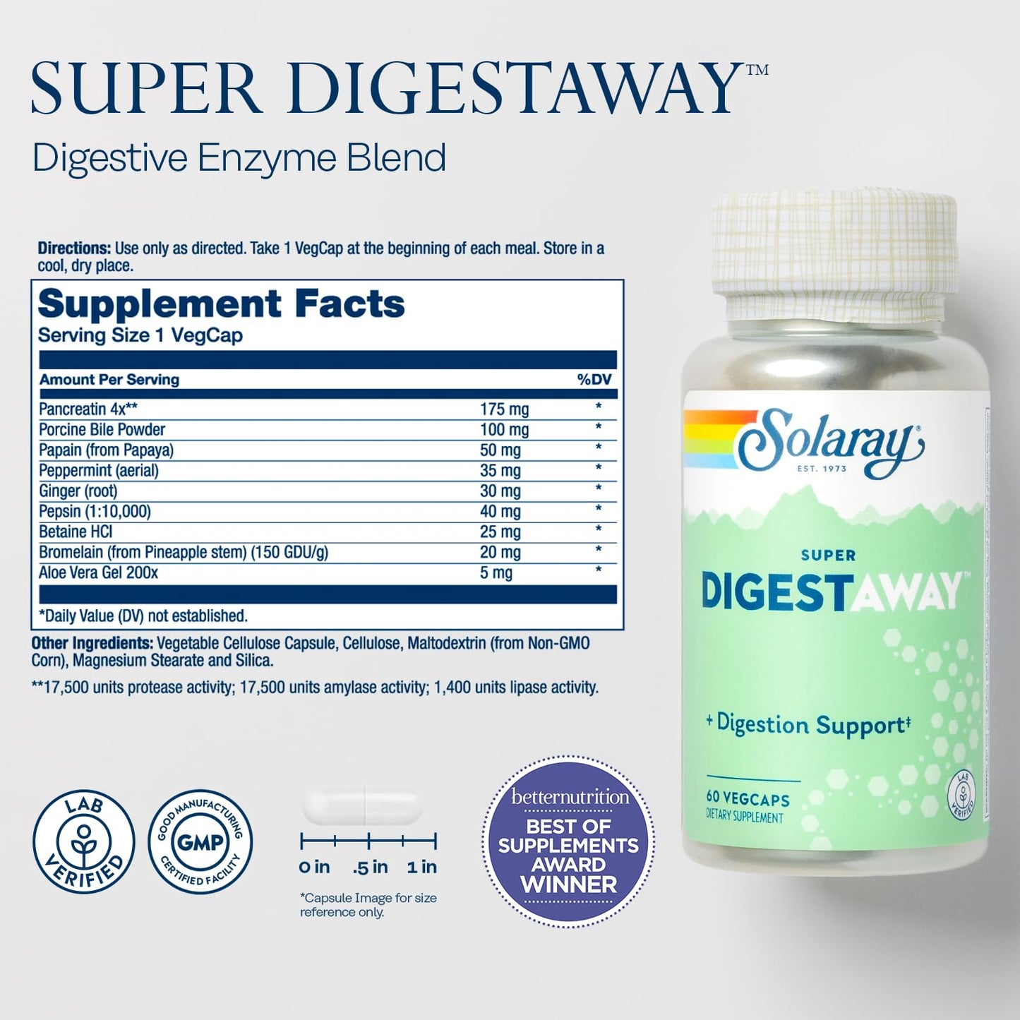 SOLARAY Super Digestaway Digestive Enzymes | Pancreatin, Papain, Ginger & More - 60 VegCaps