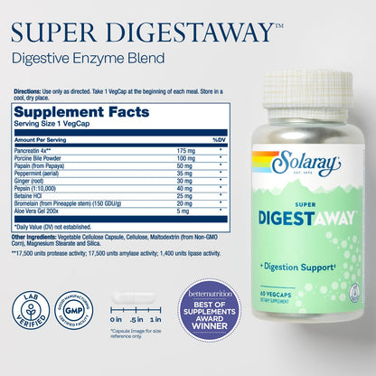 SOLARAY Super Digestaway Digestive Enzymes | Pancreatin, Papain, Ginger & More - 60 VegCaps