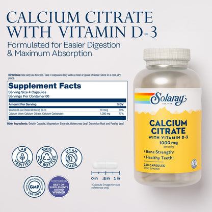 Solaray Calcium Citrate 1000mg with Vitamin D3 | Bones, Teeth, Heart & Nerve Support | 60 Servings
