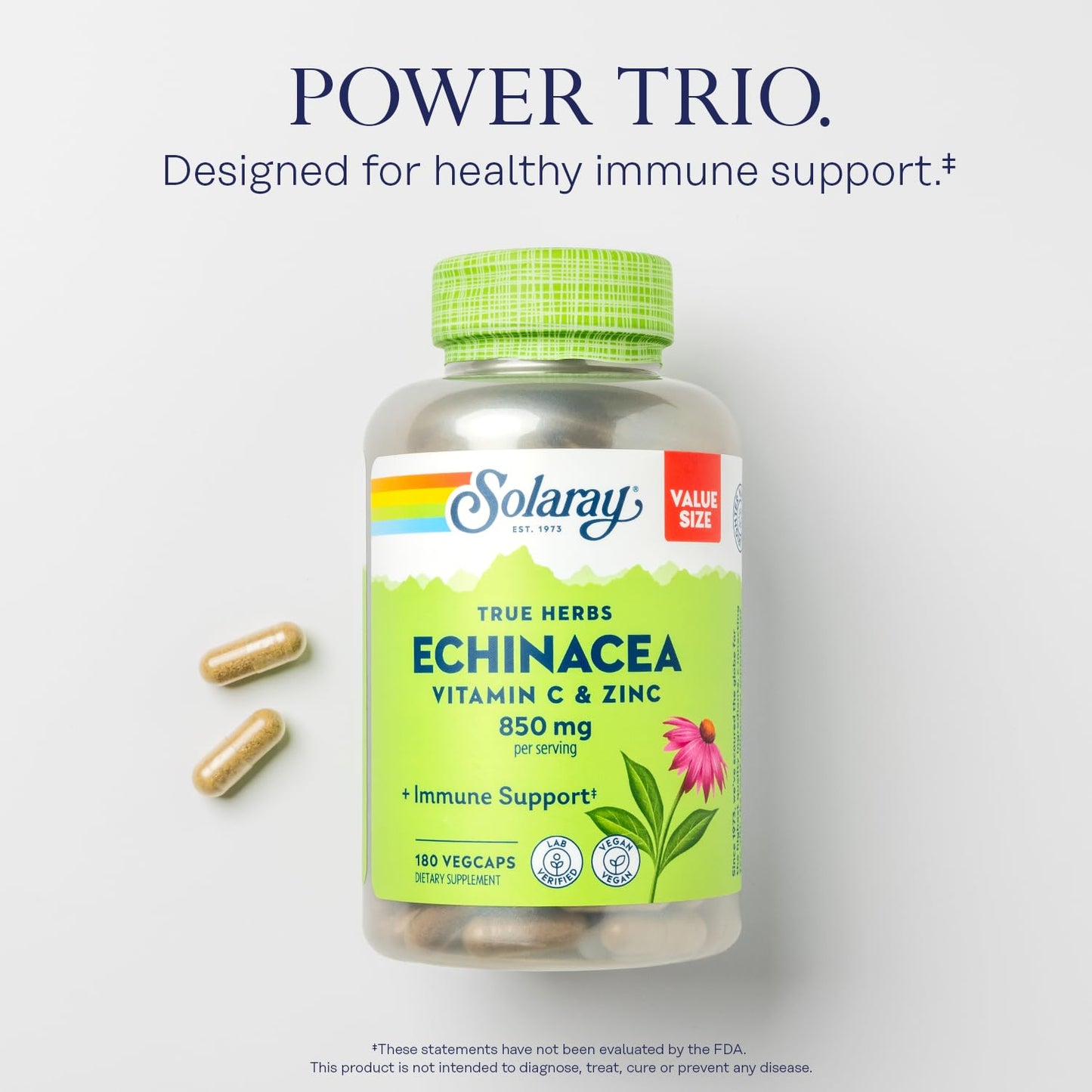 SOLARAY Echinacea Vitamin C & Zinc 850mg – Immune Support Capsules | Vegan, Lab Verified, 180 VegCaps