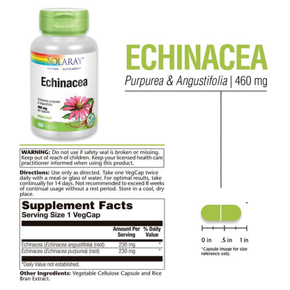 SOLARAY Echinacea Purpurea & Angustifolia Root 460 mg – Immune & Respiratory Support (180 VegCaps)