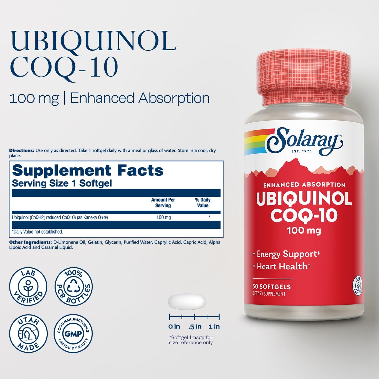 SOLARAY Ubiquinol CoQ-10 100 mg – Reduced CoQH2 for Enhanced Absorption | Energy & Heart Health | 60-Day Guarantee | 30 Servings