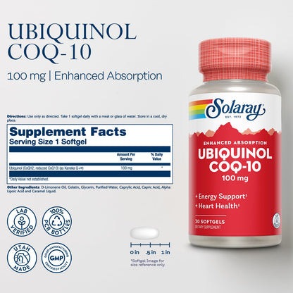 SOLARAY Ubiquinol CoQ-10 100 mg – Reduced CoQH2 for Enhanced Absorption | Energy & Heart Health | 60-Day Guarantee | 30 Servings