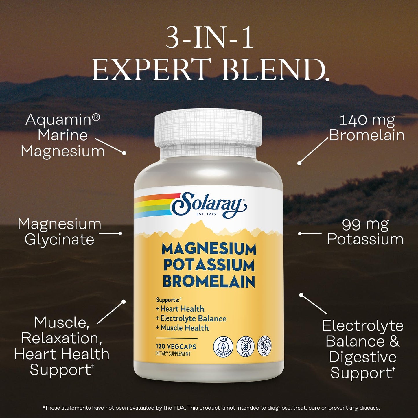 Solaray Magnesium & Potassium Asporotates with Bromelain – Bone & Muscle Support, Vegan, 60 Servings, 120 VegCaps