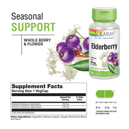 SOLARAY Elderberry Capsules 450mg - Herbal Wellness Support | Vegan, Non-GMO, Gluten Free | 60-Day Guarantee | 100 Servings
