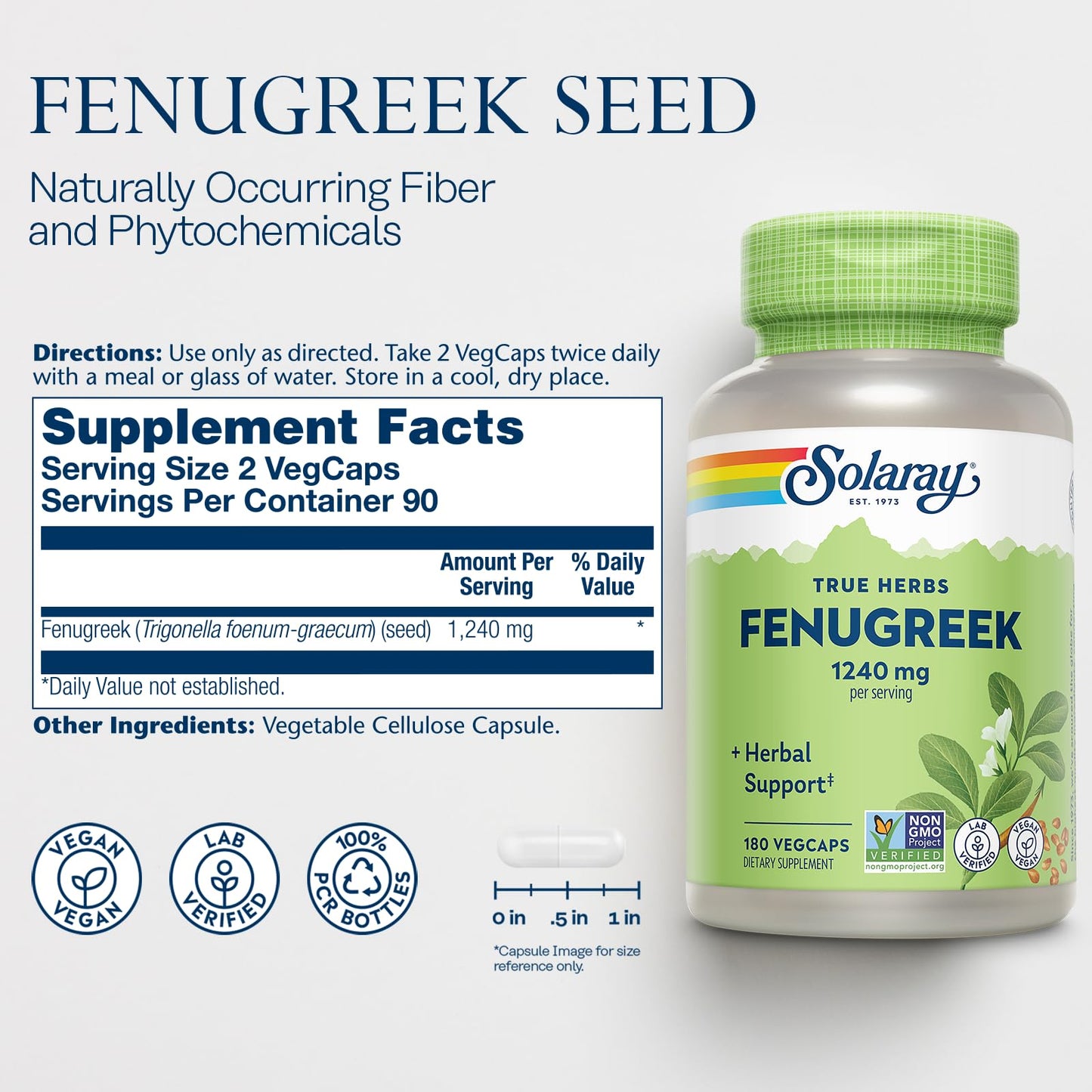SOLARAY Fenugreek Seed 1240 mg – Digestion Support | Vegan & Lab Verified