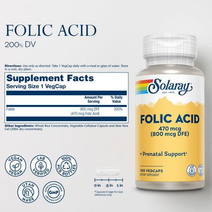 SOLARAY Folic Acid – Vegan Prenatal Vitamin (B9/Folate) 100 Servings