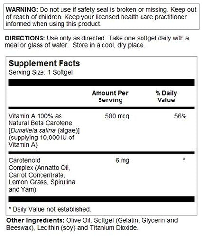 SOLARAY Food Carotene Vitamin A 10000 IU - Healthy Skin & Eyes (100 CT)