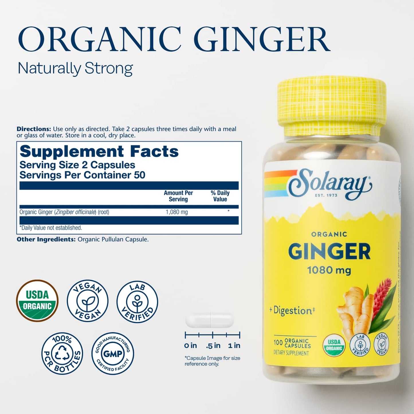SOLARAY Organic Ginger 1080 mg - Motion Sickness Relief & Joint Health - Vegan