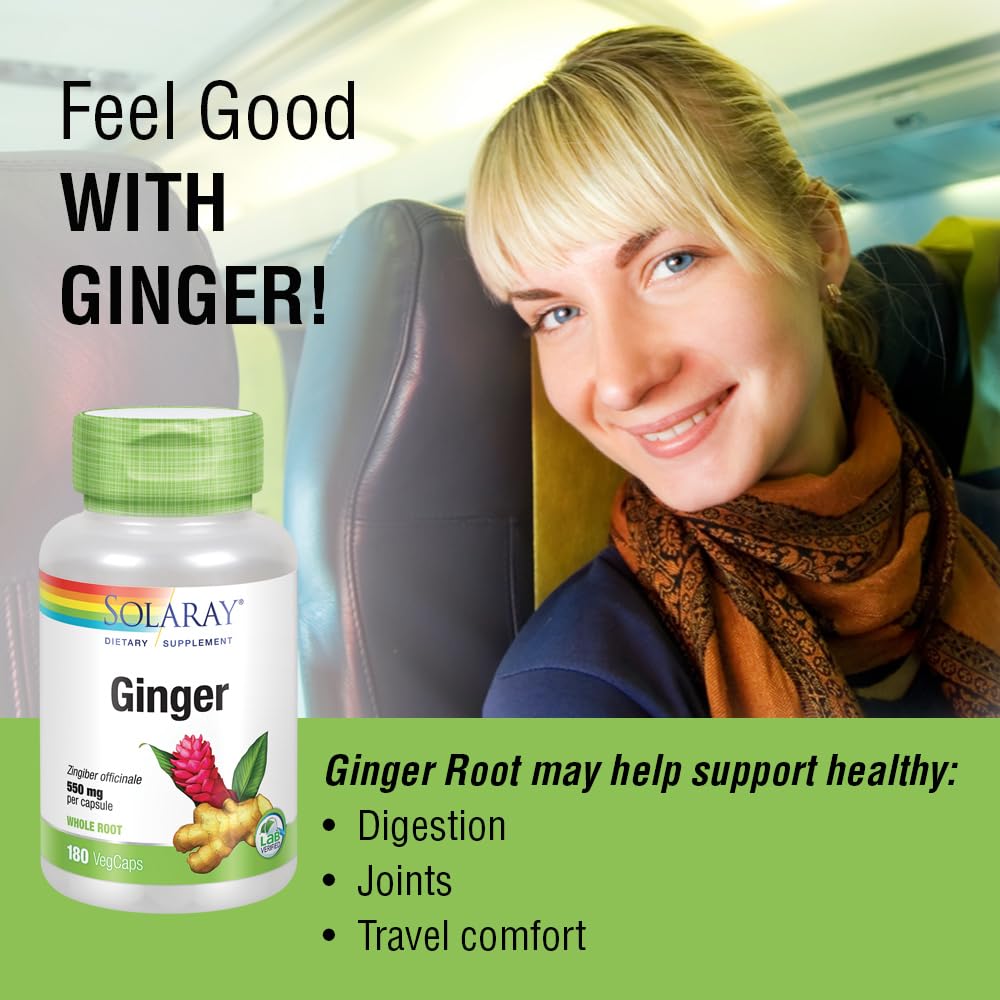 SOLARAY Ginger Root 1100mg – Digestive Support, Joints & Motion Discomfort – Whole Root, Non-GMO & Vegan | 180 VegCaps