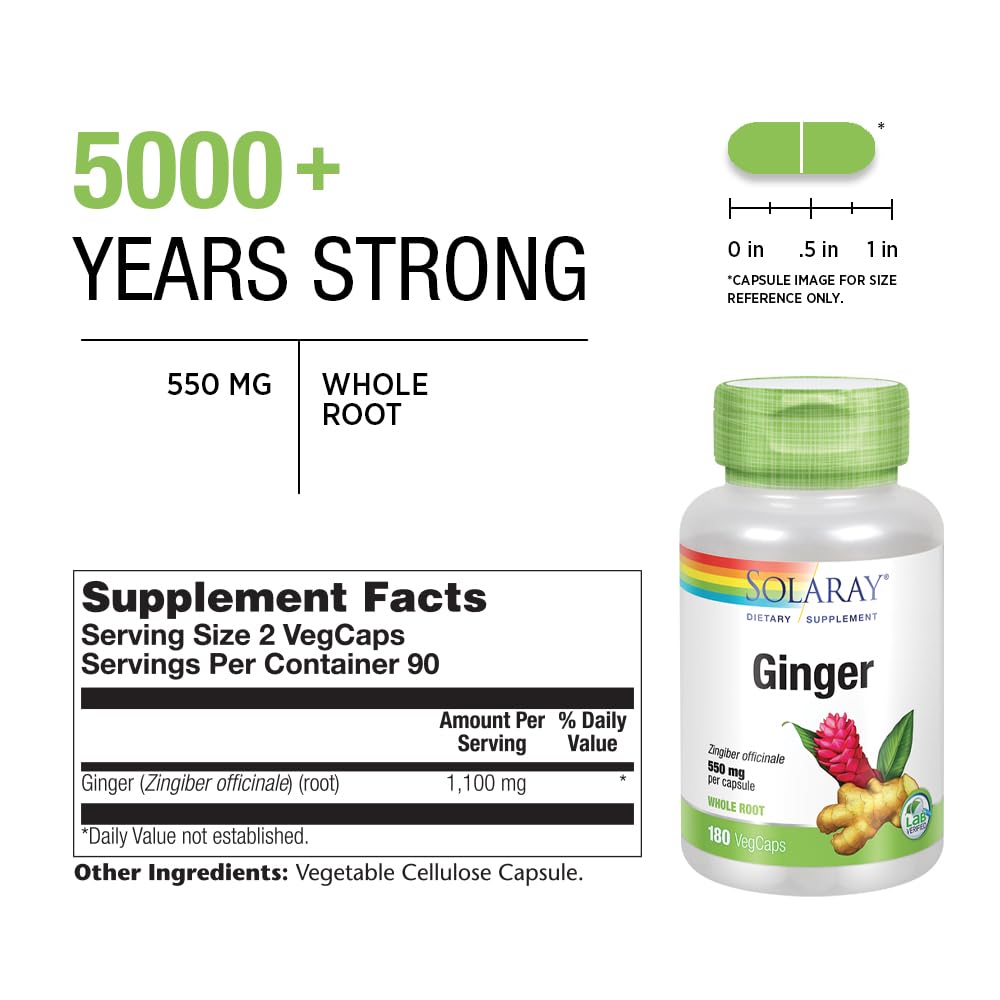 SOLARAY Ginger Root 1100mg – Digestive Support, Joints & Motion Discomfort – Whole Root, Non-GMO & Vegan | 180 VegCaps