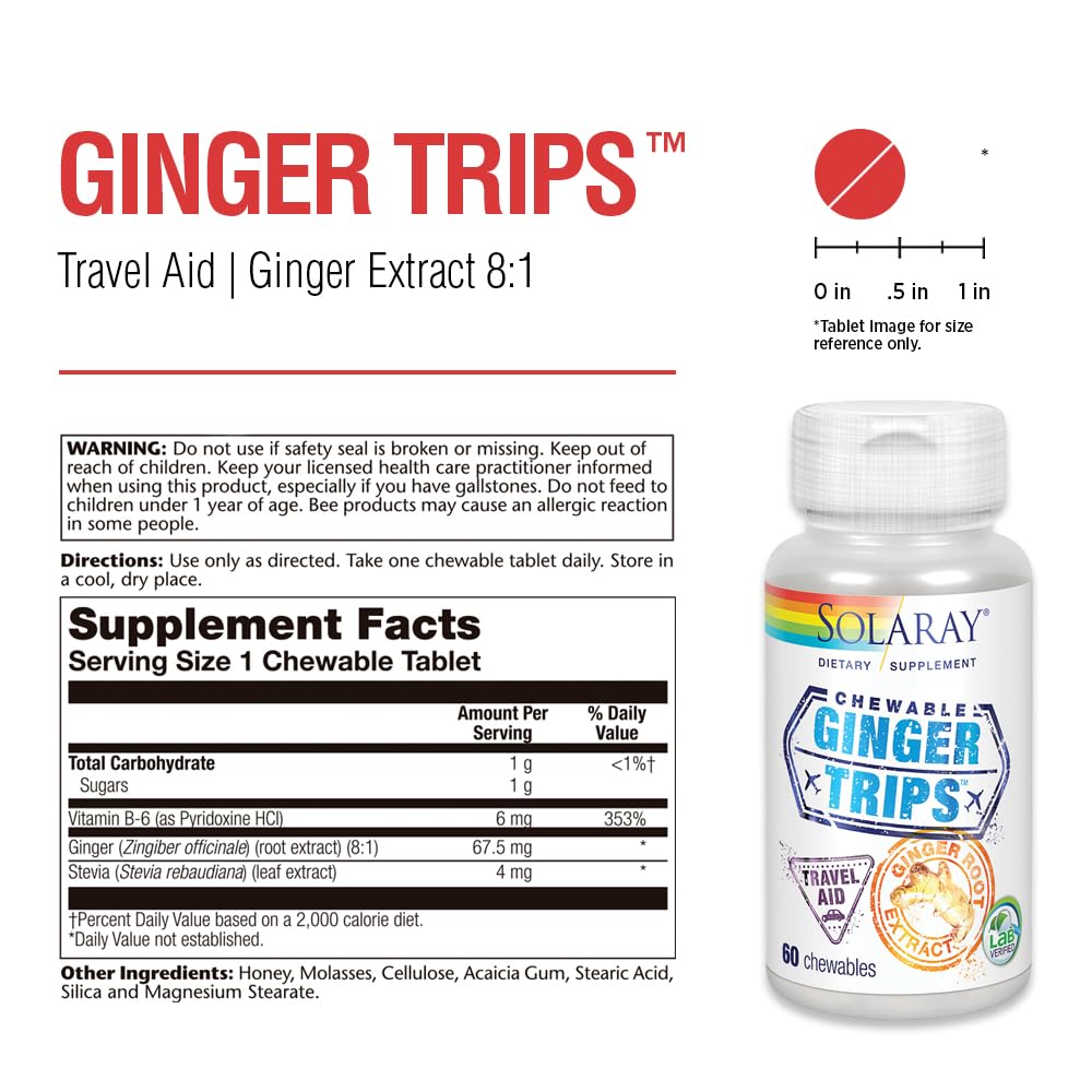 SOLARAY Ginger Trips Travel Aid - Ginger Root Extract | 60 Chewables