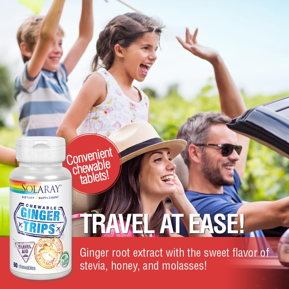 SOLARAY Ginger Trips Travel Aid - Ginger Root Extract | 60 Chewables