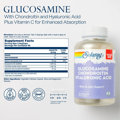 SOLARAY Glucosamine Chondroitin Hyaluronic Acid Joint Support with Vitamin C | Lab Verified, 60-Serving, 180 VegCaps BritishVita | Premium UK Vitamins & Wellness Supplements