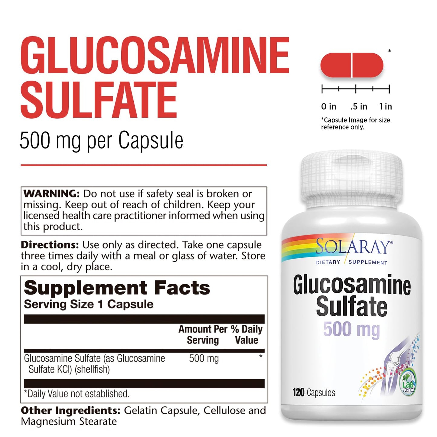 SOLARAY Glucosamine Sulfate 500 mg – Joint Health & Flexibility (60 Servings, 120 CT)