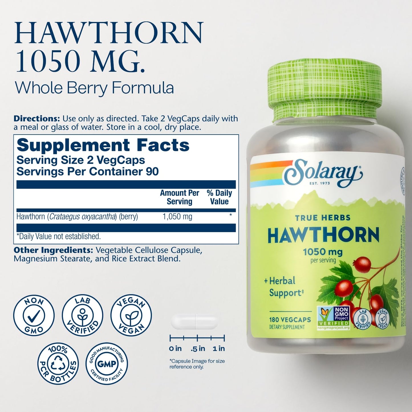 SOLARAY Hawthorn Berry Capsules 1050 mg – Vegan Whole Berry Supplement
