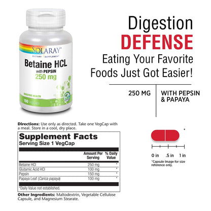 Solaray HCl with Pepsin - 250 mg | 180 VegCaps | Digestive Support