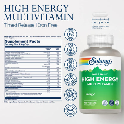 SOLARAY High Energy Multivitamin - Iron-Free, 1 Daily Timed-Release, 120 VegCaps