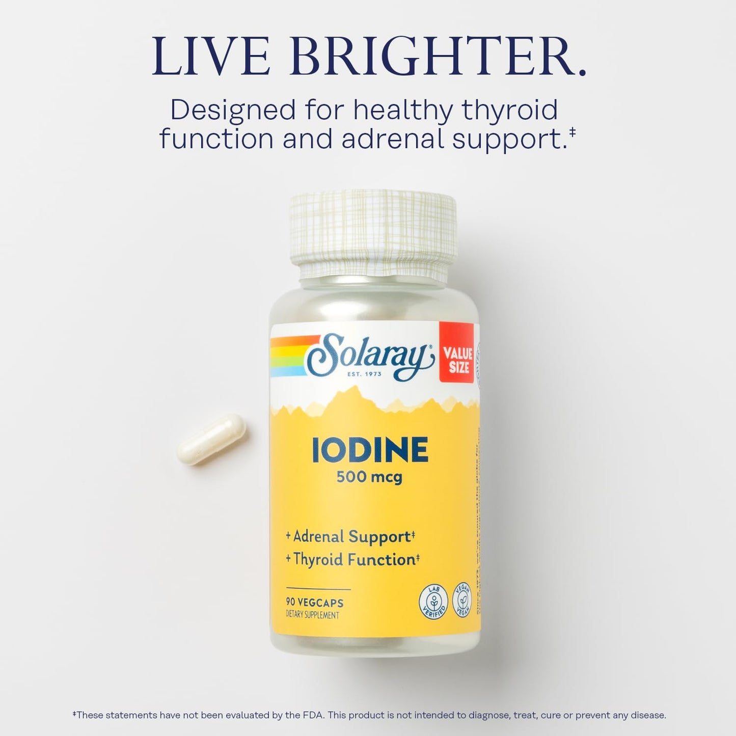Solaray Iodine 500 mcg – Thyroid & Adrenal Support, Vegan | 90 VegCaps