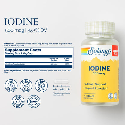 Solaray Iodine 500 mcg – Thyroid & Adrenal Support, Vegan | 90 VegCaps