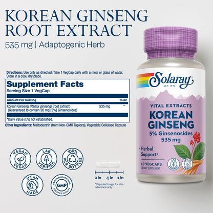 SOLARAY Korean Ginseng Root Extract - 60 Servings, 60 VegCaps | Vegan, Lab Verified