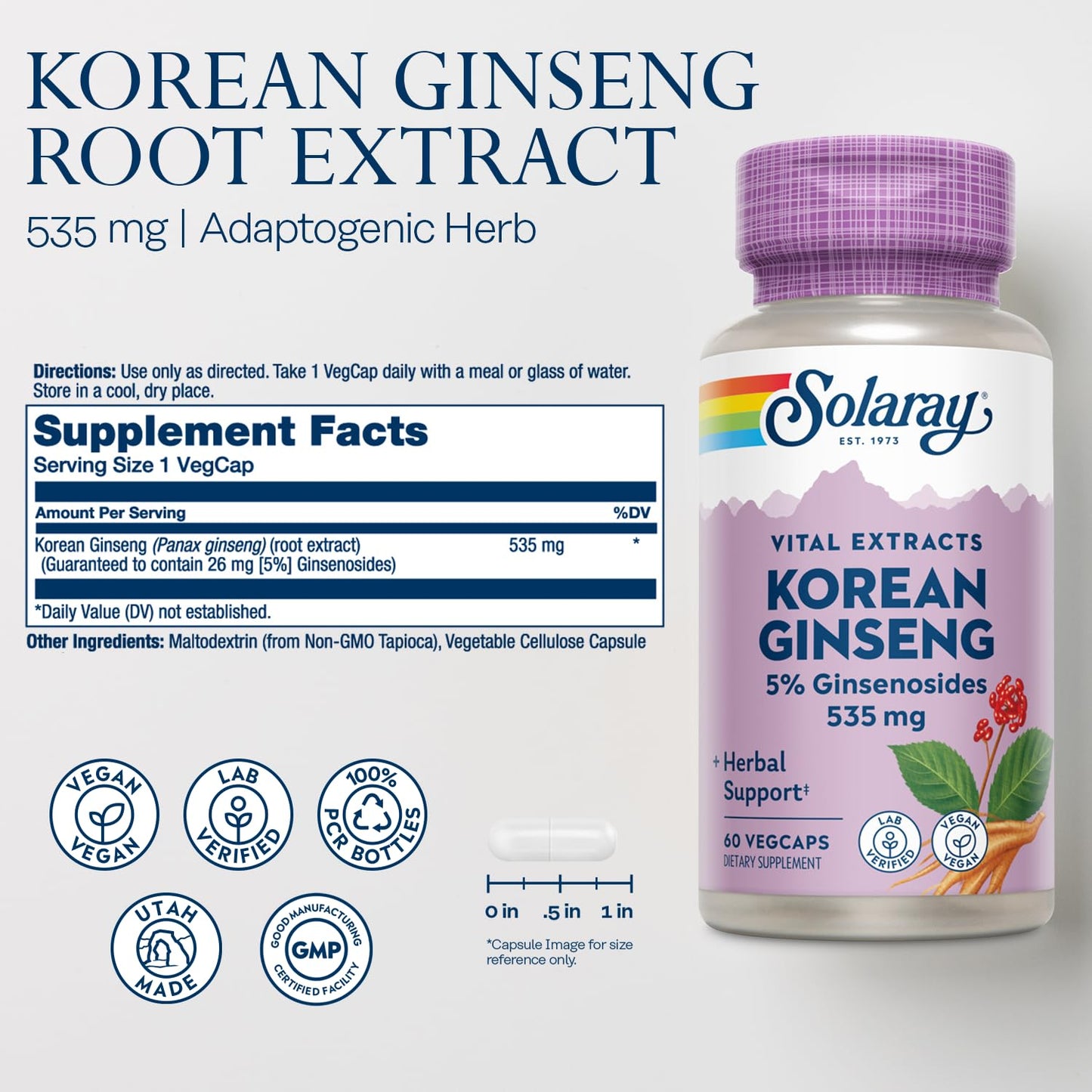 SOLARAY Korean Ginseng Root Extract - 60 Servings, 60 VegCaps | Vegan, Lab Verified