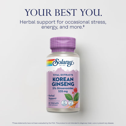 SOLARAY Korean Ginseng Root Extract - 60 Servings, 60 VegCaps | Vegan, Lab Verified