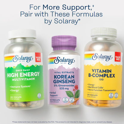 SOLARAY Korean Ginseng Root Extract - 60 Servings, 60 VegCaps | Vegan, Lab Verified