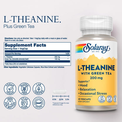 SOLARAY L-Theanine 200mg with Green Tea – Mood Support & Relaxation, 45 VegCaps
