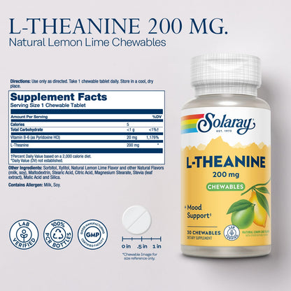 SOLARAY L-Theanine 200mg Chewables – Mood Support, Vitamin B6, Lemon Lime | 60-Day Money Back Guarantee