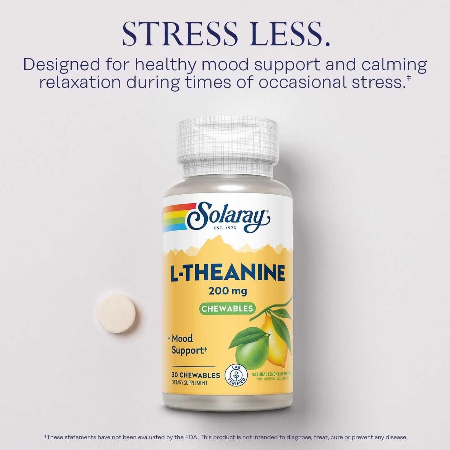 SOLARAY L-Theanine 200mg Chewables – Mood Support, Vitamin B6, Lemon Lime | 60-Day Money Back Guarantee