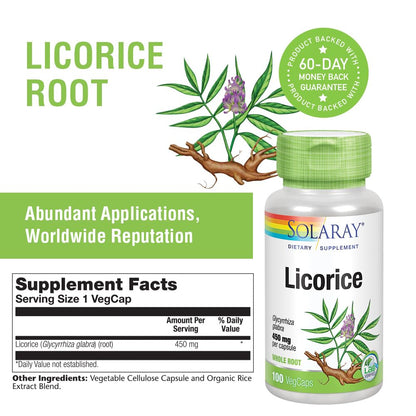 SOLARAY Licorice Root 450mg – Digestive, Liver & Menopausal Support | Non-GMO Vegan | 100 VegCaps