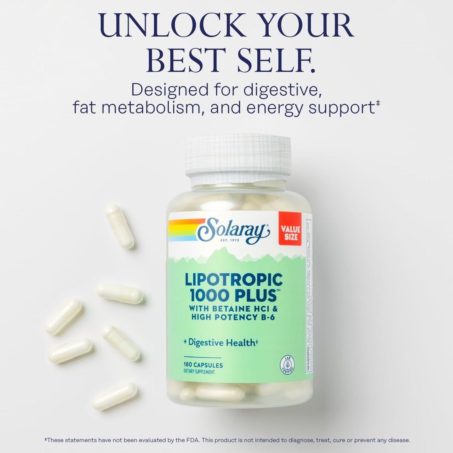 SOLARAY Lipotropic 1000 Plus – Betaine HCl & B-6 for Digestion, Energy & Fat Metabolism | 180 Capsules