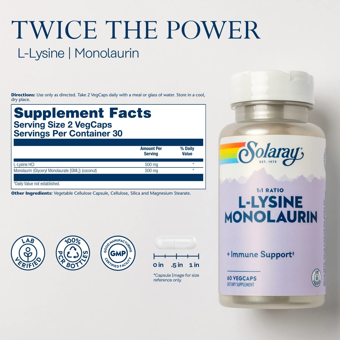 Solaray L-Lysine Monolaurin Immune Support – 500 mg, 60 VegCaps, 30 Servings