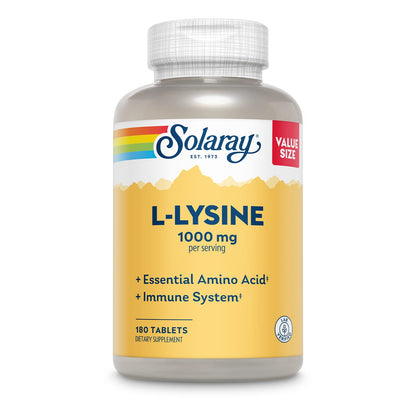 SOLARAY L-Lysine 1000 mg – Free-Form Immune Support with Vitamin C 1000 mg & Zinc 25 mg | 60 Servings, 180 Tablets