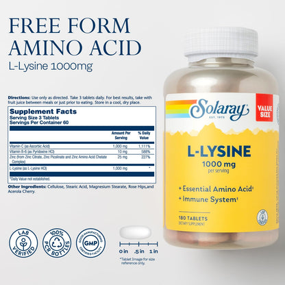 SOLARAY L-Lysine 1000 mg – Free-Form Immune Support with Vitamin C 1000 mg & Zinc 25 mg | 60 Servings, 180 Tablets