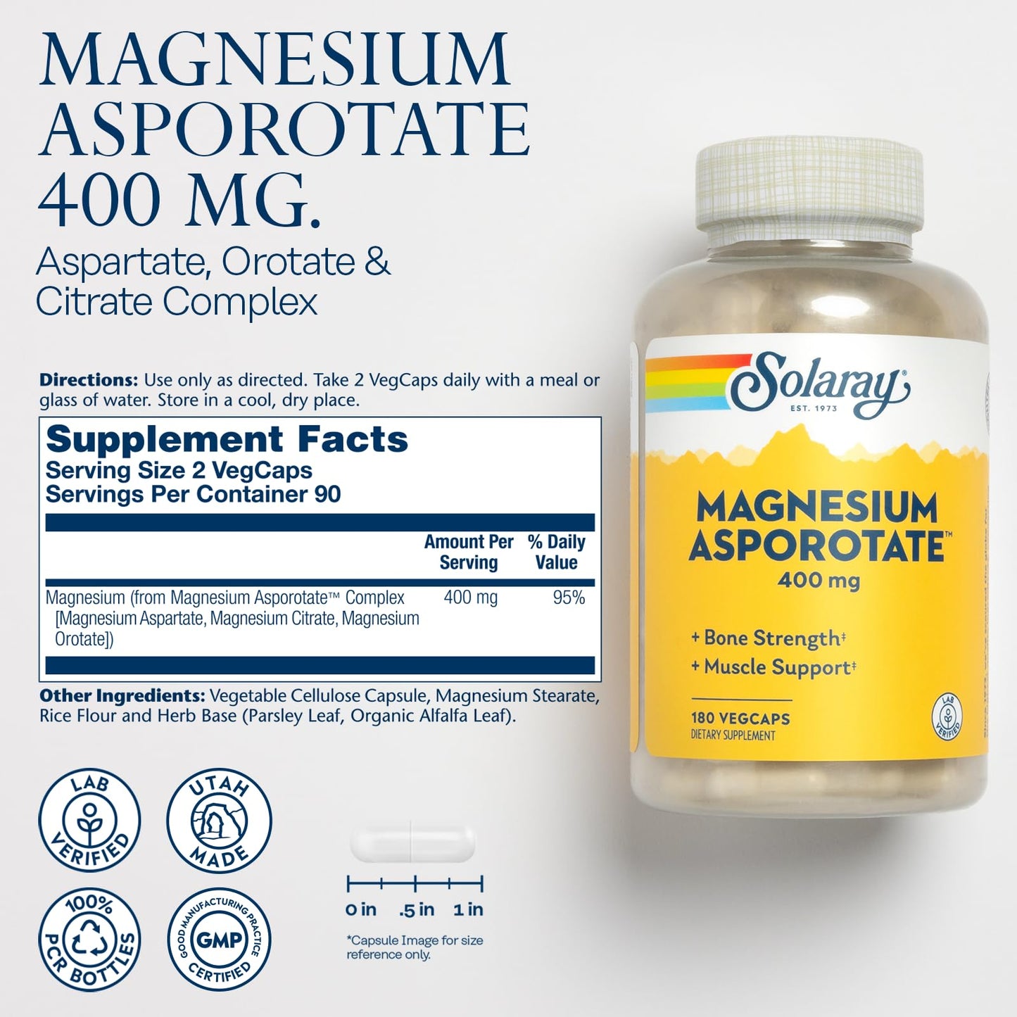 Solaray Magnesium Asporotate 400 mg | Aspartate, Orotate & Citrate Complex | 180 VegCaps