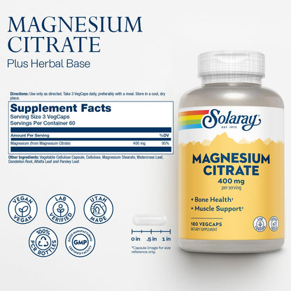 Solaray Magnesium Citrate 400mg - Bone, Heart & Muscle Support | Vegan & Gluten Free