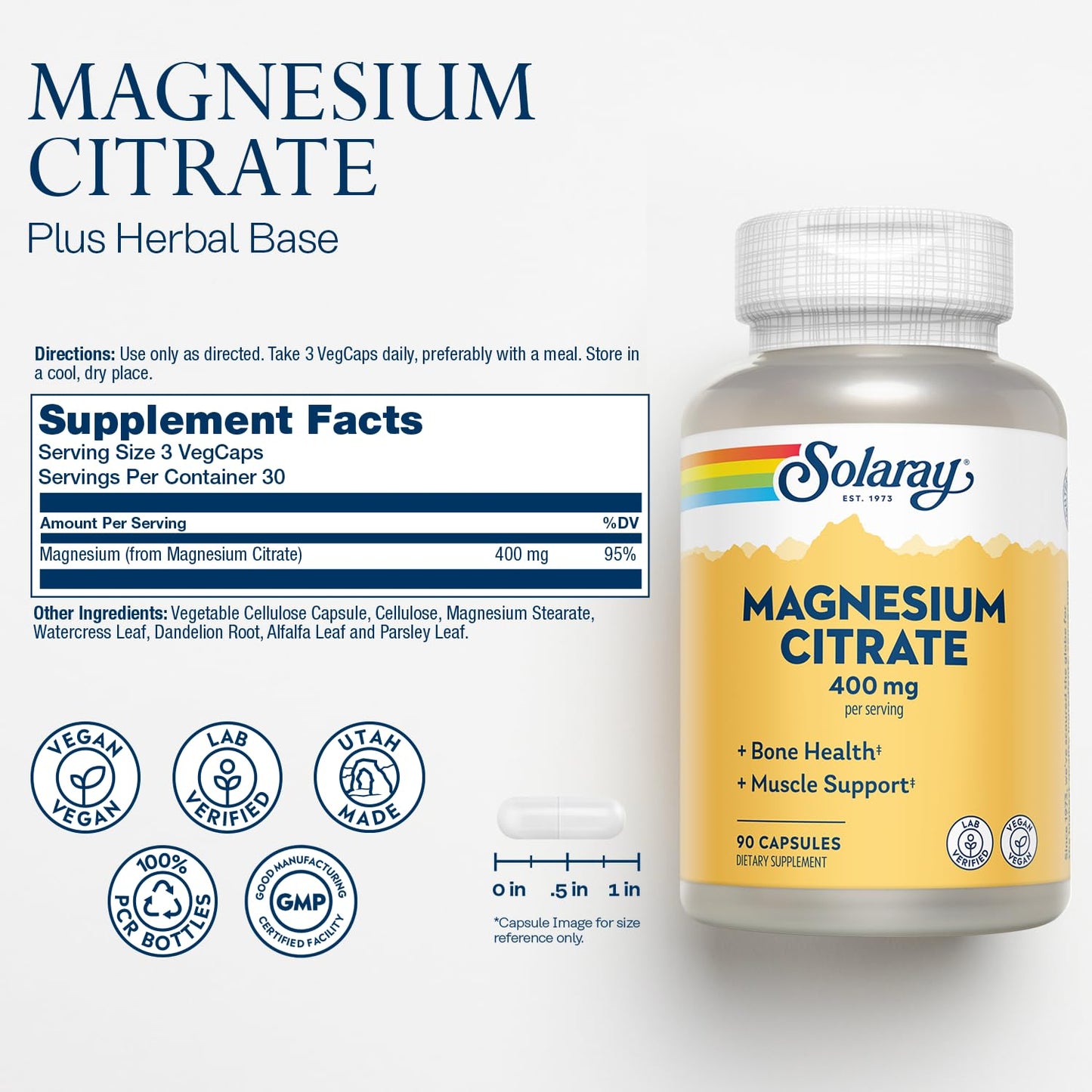 SOLARAY Magnesium Citrate 400mg | Enhanced Absorption, Vegan & Gluten Free