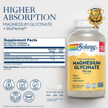 Solaray Magnesium Glycinate with BioPerine – Fully Chelated Bisglycinate, High Absorption, 60 Servings, 240 VegCaps