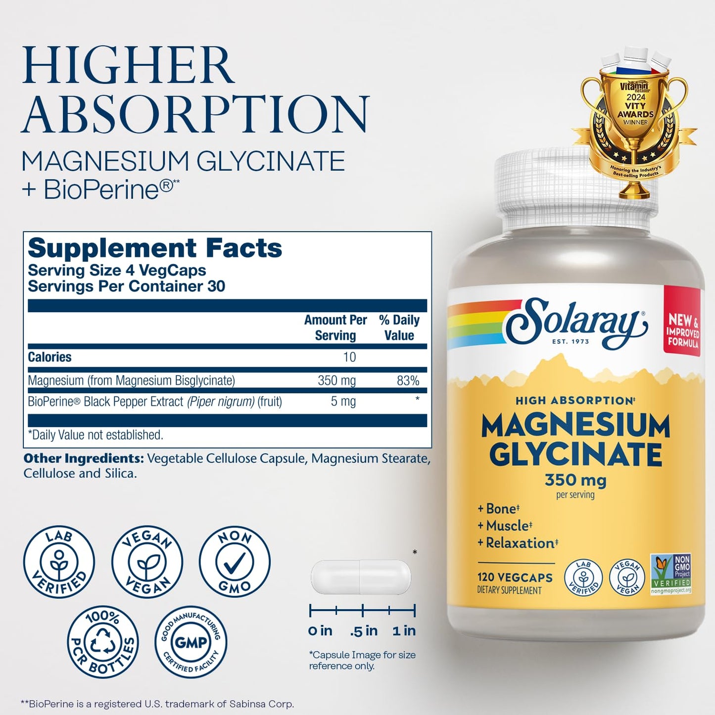 SOLARAY Magnesium Glycinate Capsules – Chelated Bisglycinate with BioPerine (Vegan, 120 VegCaps)